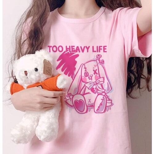 Too Heavy Life Alphabet Casual Loose Harajuku Kawaii Pink Sweet E-Girls Japan Cute Rabbit Puppet Cartoon Women Vintage T-shirt