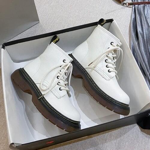 2021 Motorcycle Womens Ankle Boots Winter Soft Leather Shoes Black Female Lace Up Platforms Women White Botas Mujer Botas Mujer