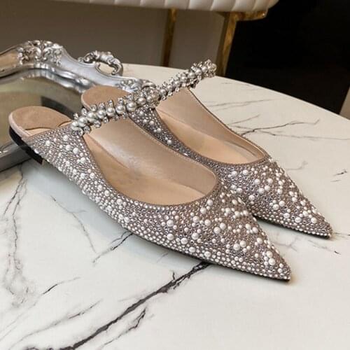 Comemore New Pearl Slippers Shoe Women 2021 Summer Bling Rhinestones Pointed Toe Flat Slippers Fashion Party Dress Womens Shoes