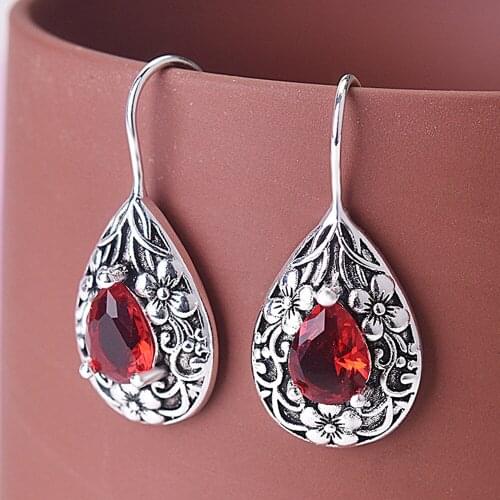 Vintage ruby gemstones red crystal drop earrings for women flower silver color argent brincos jewelry bijoux party accessories