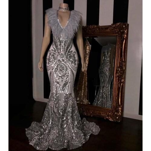 Beautifulinwhite Silver Mermaid Prom Dresses 2019 V Neck Feathers Sweep Train Evening Party Formal Dresses Black Girls BP0426