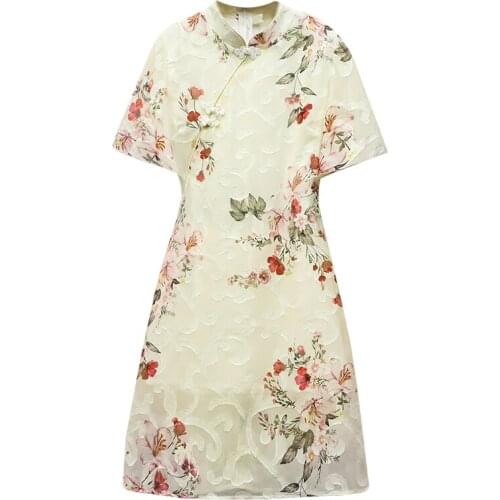 2021 Jacquard M-4XL Plus Size Vintage Chinese Traditional Casual Party Women A-line Dress Short Sleeve Summer Cheongsam Dresses