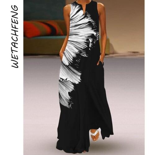 Ink Painting Summer Maxi Dress V Neck Sleeveless Beach Long Packet Ladies Dresses Fashion Casual Elegant Vintage Female Dress
