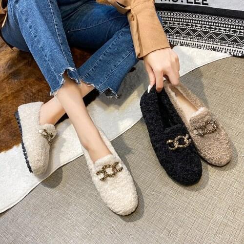 2020 Autumn/Winter Korean Version Of The New Lamb Hair Womens Plus Velvet Thick Bottom Flat Size Shoes