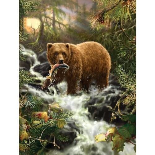 3D DIY Diamond Painting Cross Stitch Forest Bear Catch Fish Crystal Needlework Diamond Embroidery Full Diamond Decorative
