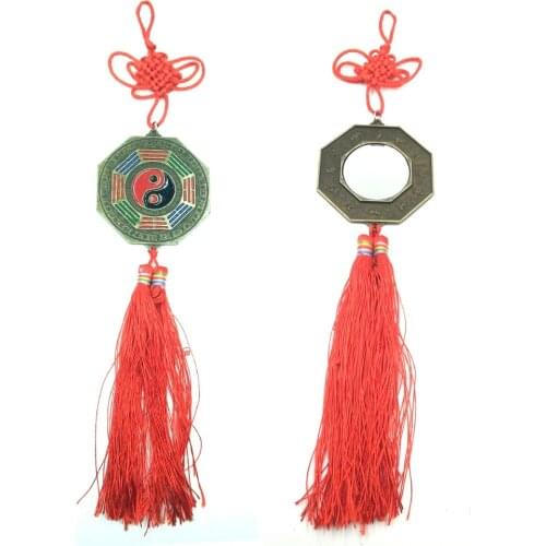 ANGRLY Chinese Zodiac Bagua Mirror Charm Feng Shui Lucky Blessing Chinese Knot Car Decor Pendant Metal Handicraft Decoration