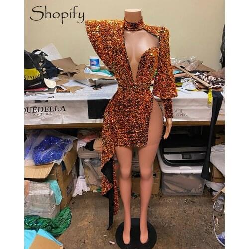Sparkly Single Long Sleeve Sheer High Neck Organge Sequin Real Sample African Black Girls Prom Dresses 2021