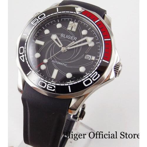 BLIGER Brand Mechanical Black 41mm Men Watch Sapphire Glass Rubber Band Date Window MIYOTA Movement