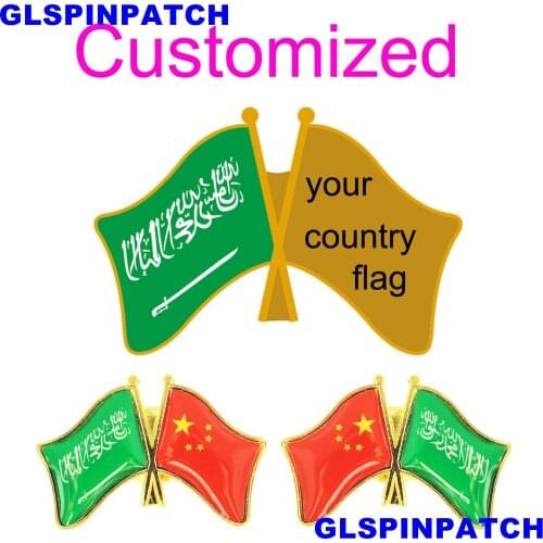 Saudi Arabia Crossed Friendship Flag Double Country lapel pin Brooch USA UK France Chile Russia Saudi Arabia Japan Spain Badge