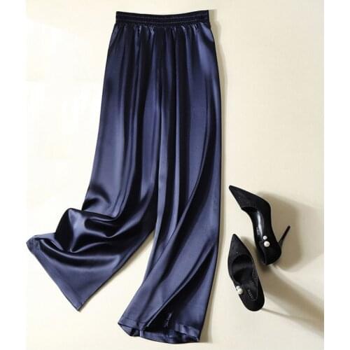 Silk satin acetate straight-leg pants womens summer cupra wide-leg pants Full Length LOOSE Pockets Wide Leg Pants