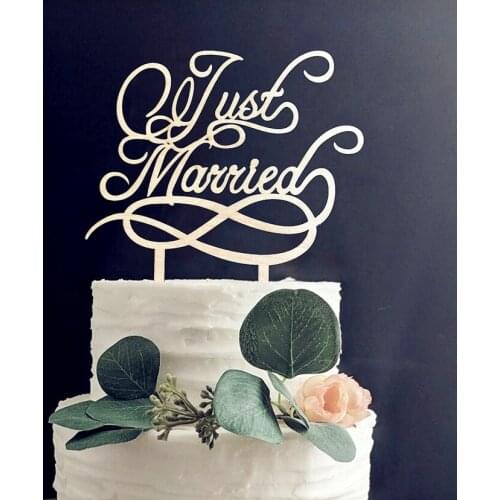 Wood Just Married Cake Topper Wedding & Bridal Shower/Engagement Party Decoration, Gold Glitter Acrylic Wood Topper