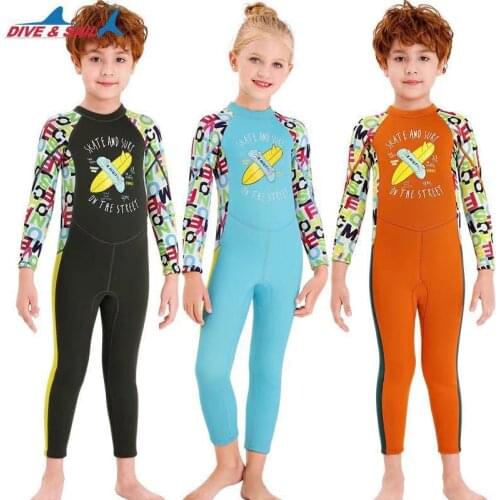 DIVE&SAIL Kids Wetsuit 2.5mm Neoprene Thermal Swimsuit Youth Boy Girl One Piece Wet Suits Warmth Long Sleeve Swimsuit for Diving