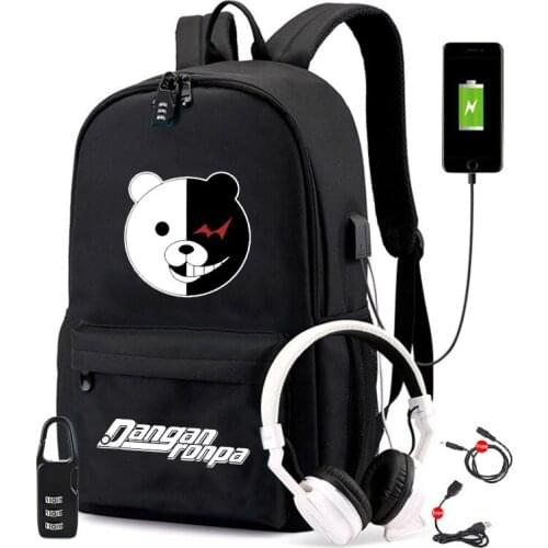 Anime Danganronpa Black White Bear Designer USB Backpack Bag Travel School Students BookBag Mochila With Free Lock