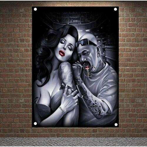 Sexy Tattoo Girl Banners Canvas Painting Skull Art Posters Flag Flip Chart Tapestry Mural Hanging Cloth Bar Cafe Home Decoration