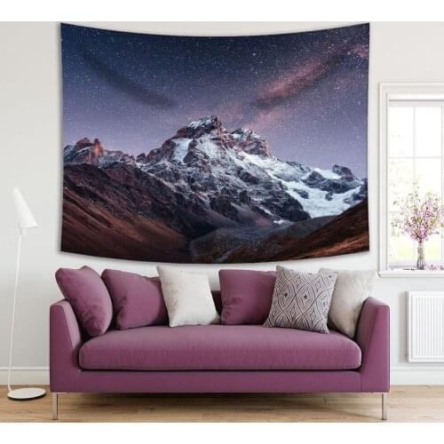 Tapestry Starry Night Sky Snow-capped Peaks Main Caucasian Ridge View from Mount Ushba Meyer Georgia Europe Navy White