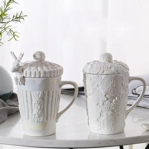 Nordic Creative Ceramic Mug With Lid Spoon Elk Pattern Couple Water Cup Personality Trend Coffee Breakfast Cup Girl Gift