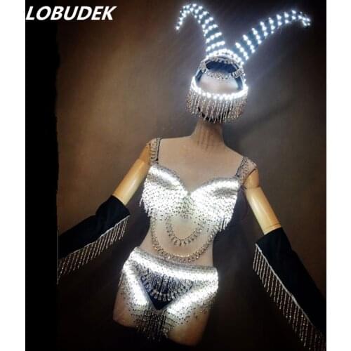 LED Rhinestones Bikini DJ Jazz Dance Costume Luminous LED Crystals Bra Shorts Tassels Gloves Set Stage Outfit Nightclub Clothes