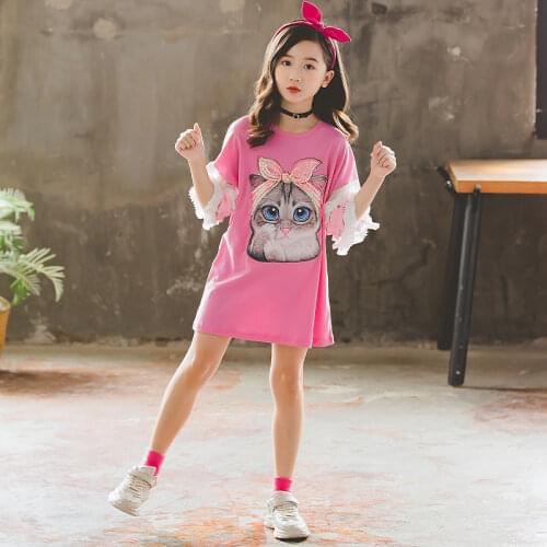 Fashion Girls Tops Summer Children Clothing Cartoon Cat T Shirts for Toddler Baby Cotton Short Sleeve Birthday Shirt 4 8 12 14T