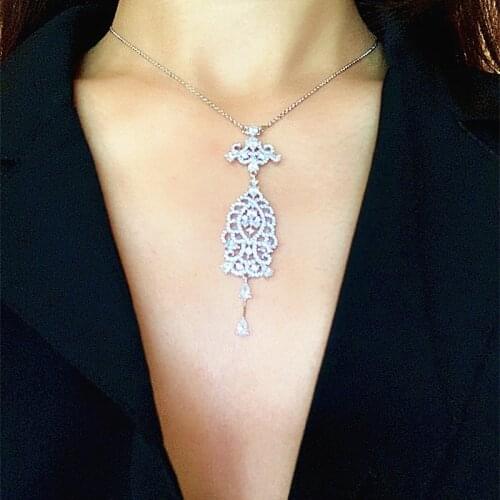 New Luxury Vintage Shield Necklace Cz Stone Shiny Crystal Long Pendant Necklaces Silver Color Party Collar Mujer Zk30