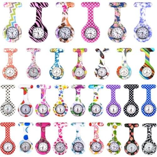 Blue pink Peony pattern Silicone Nurses Brooch Tunic Fob Pocket Watch Stainless Dial