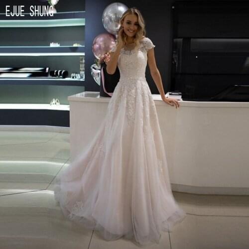 EJUE SHUNG Modest Wedding Dresses Sheer Scoop Neck Short Sleeves Shiny Appliques Beading Sashes Button Back Formal Wedding Gowns