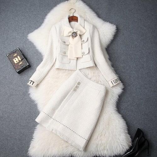 Skirt Suits For Office Lady Winter New Long Sleeved Single Breasted Bow Short Jacket + Tweed Tassels Short Skirt Two Piece Sets