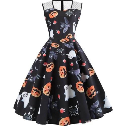 Halloween Pumpkin Printing Dress Women Sleeveless Lace Princess Dresses 50s 60s Retro Vintage Cocktail Party A Line Swing Dress