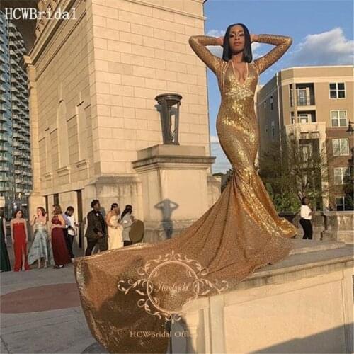 Sparkly Gold Sequins Black Girls Graduation Prom Dresses Long Train V Neck Mermaid Long Sleeves Evening Party Dress Plus Size