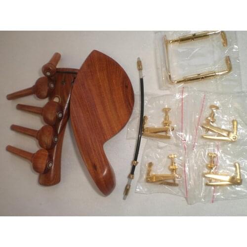 1 Set Rose Wood Fiddle Parts with Gold Color Chin Rest and 4 Violin Tuners & Nylon Tail Gut From 1/4 1/2 3/4 and 4/4