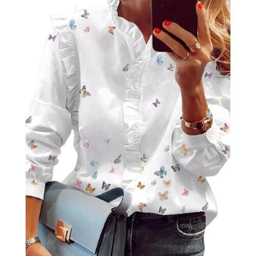 2021 Summer Casual White Butterfly Print V-Neck Ruffles Long Sleeves Blouse Ladies Loungewar Daily Tops Fashion Workwear Shirts