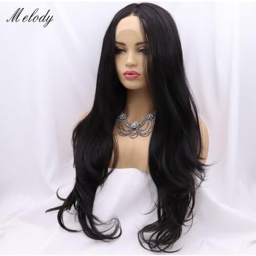 Melody 2# Black Long Natural Wave Synthetic Lace Front Wigs Dark Color for women, Drag Queen with Heat Resistant Fiber Hair