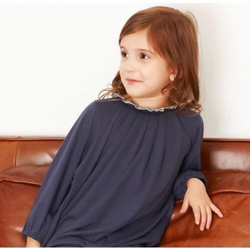 Kids Girls Dresses Long Sleeve Spring and Summer 2021 Cotton Casual Baby Children Clothing Navy Blue Clothes for 2 To 10 Years