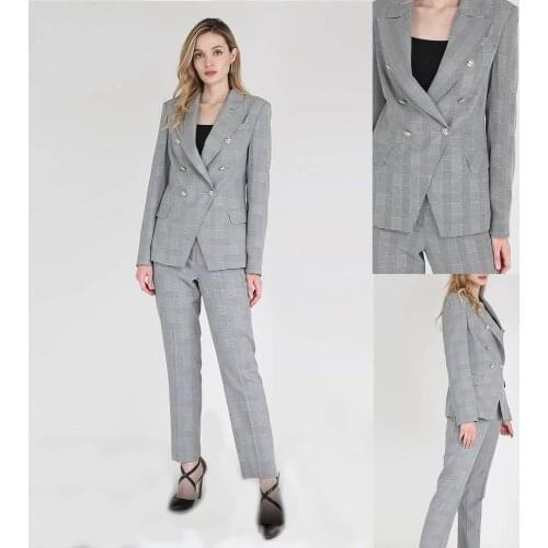 Classic Office Lady Plaid Suits Fashion Elegant Double Breasted Check Blazer Business Smart Casual 2 Pieces ( Pants + Jacket )