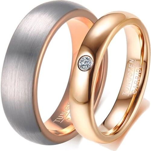 6mm / 4mm Rose Gold Color Tungsten Carbide Couple Rings for Men Women CZ Engagement Wedding Jewelry Valentines Day