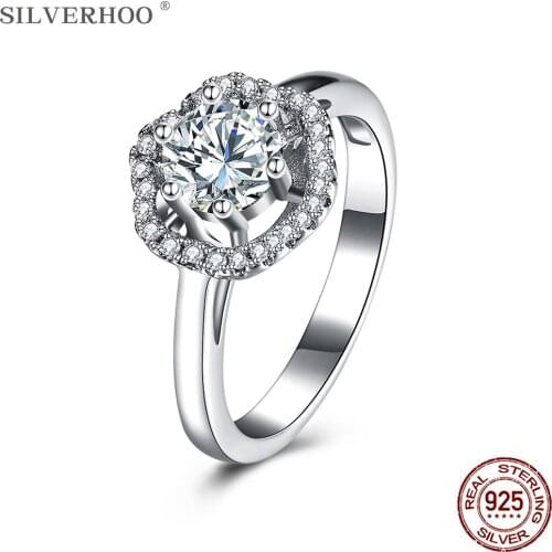 SILVERHOO Women Rings Sterling Silver 925 Jewelry Flower Shape Shining Large 5A+ Cubic Zirconia Engagement Ring Luxury Gift Best