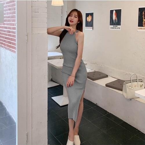 Summer New Dresses Women High Waist Slim Thin A Line Slit Stretch Knitting Dress Female Bright Silk Halter Pullover Casual Dress