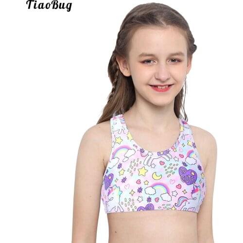 Summer Kids Girls Sport Crop Top Printed U Neck Shoulder Straps Sleeveless Elastic Hem Gym Yoga Fitness Swimming Vest