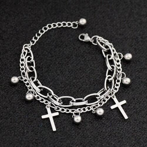 Multilayer Link Chain Stainless Steel Charm Bracelet for Women Jesus Cross Charm Jewelry Girls Lucky Friendship Jewelry Gifts
