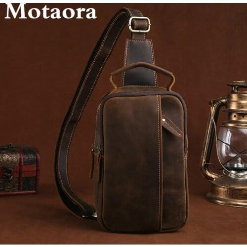 Motaora Mens Bag Crazy Horse Cowhide Chest Bags Casual Retro Shoulder Messenger Bag For Male Genuine Leather Men Crossbody Bags