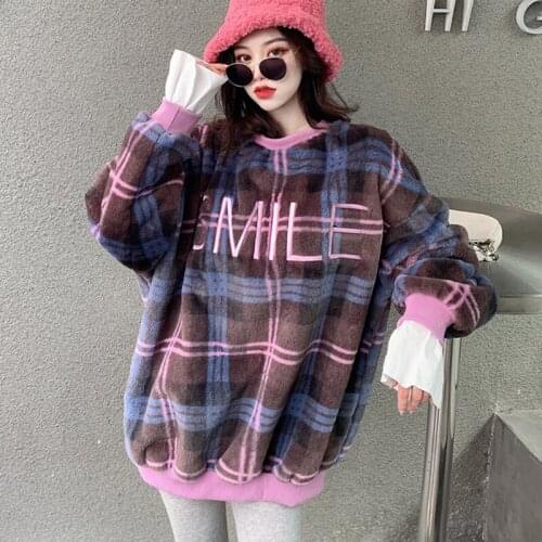 Autumn and winter Japanese check color stitching sweatshirt loose casual all-match pullover hoodie top women