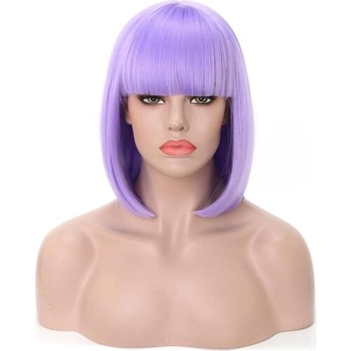 Rosa Star 13 Inches Short Light Purple Bob Synthetic Straight Hair Wigs With Bangs For Wome Colorful Cosplay Hair Wigs