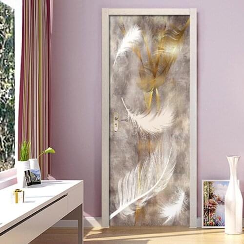 Self Adhesive Renew Home Decor 3d Door Feather Sticker Print Art Waterproof Wallpaper Mural Wardrobe Renovation Decal Picture