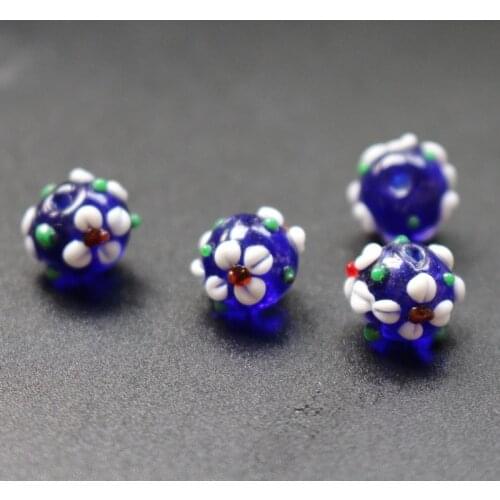 10Pcs 11mm*9mm 12mm*10mm Lampwork Flower Glass beads Cobalt blue Color with Outer White flower Fashion beads for jewelry making