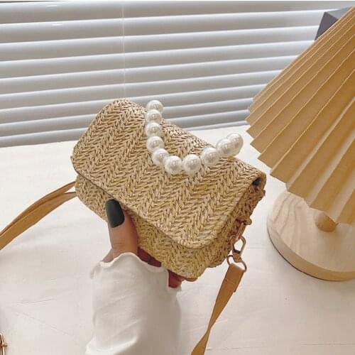 Female Messenger Bag Casual Straw Small Square Bags For Women Fashion Weave Solid Pearl Portable Crossbody Bag Сумка Женская