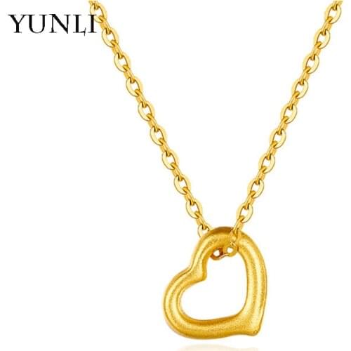 YUNLI Real 24K 999 Yellow Gold Heart Pendant Necklace Pure 18K AU750 Gold Chain for Women Fine Jewelry Wedding Gift