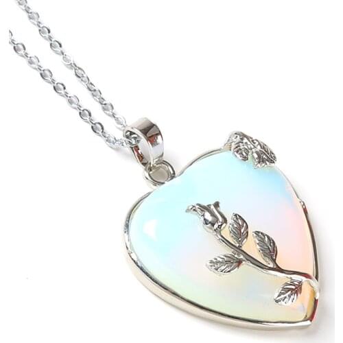 Natural Heart Stone Pendant Chain Necklace Opal Love Necklace Silver Color Leaf Flower Wire Wrapped Quartz Crystal Pendant Women