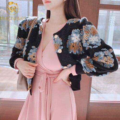 Women Elegant Jacket Korean Chic Autumn Winter Retro Three-dimensional Flower O neck Single-row Long Sleeve Coat