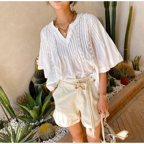 Lady Solid Color T-Shirt Summer Casual Loose Half Sleeves V-Neck Female Tops Leisure Basic T-Shirt Summer Clothes For Women