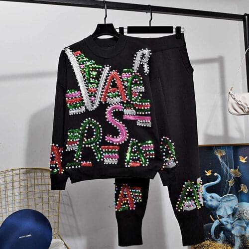 Fashion Black White Knitted Tracksuit Set Women Streetwear Loose Beading Letter Sequins Knit Sweater Pencil Pants Outfits Female
