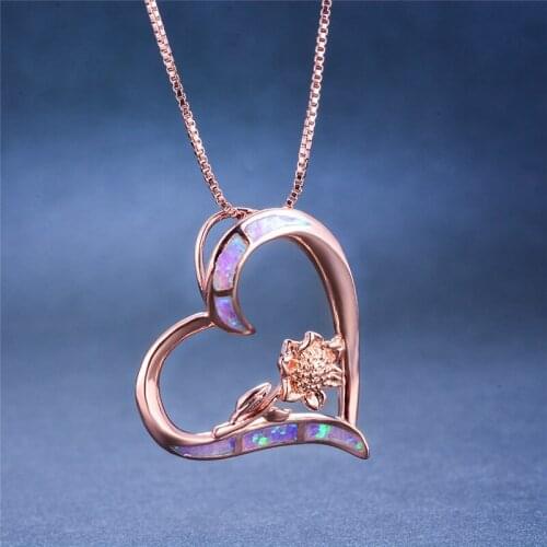 Boho Female Blue White Fire Opal Necklace Cute Big Flower Heart Pendants Necklaces Rose Gold Choker Necklaces For Women
